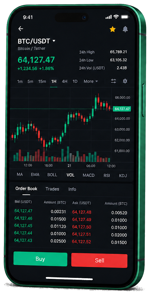 Application mobile Swaptaire — graphique BTC/USDT en direct, carnet d’ordres et outils de trading